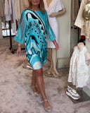 Women's Abstract Print Mini Dress – Round Neck Flared Sleeve Loose Summer Dress