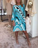 Women's Abstract Print Mini Dress – Round Neck Flared Sleeve Loose Summer Dress