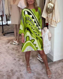 Women's Abstract Print Mini Dress – Round Neck Flared Sleeve Loose Summer Dress