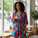 Women's Abstract Print Mini Dress – V Neck Batwing Sleeve Smocked Waist