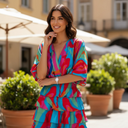 Women's Abstract Print Mini Dress – V Neck Batwing Sleeve Smocked Waist