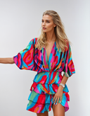 Women's Abstract Print Mini Dress – V Neck Batwing Sleeve Smocked Waist