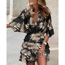 Women's Abstract Print Mini Dress – V Neck Batwing Sleeve Smocked Waist