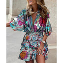 Women's Abstract Print Mini Dress – V Neck Batwing Sleeve Smocked Waist
