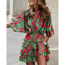 Women's Abstract Print Mini Dress – V Neck Batwing Sleeve Smocked Waist