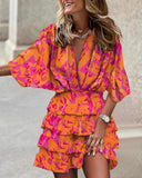 Women's Abstract Print Mini Dress – V Neck Batwing Sleeve Smocked Waist