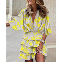 Women's Abstract Print Mini Dress – V Neck Batwing Sleeve Smocked Waist