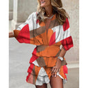 Women's Abstract Print Mini Dress – V Neck Batwing Sleeve Smocked Waist