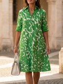 Women's Abstract Print Shirt Dress – Collared Roll Sleeve Button Front A-Line Knee Length