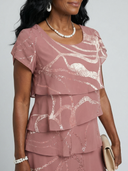 Women's Abstract Print Tiered Knee Length Dress – Round Neck Cap Sleeve