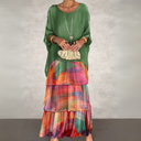 Women's Abstract Print Tiered Maxi Dress – Two Piece Batwing Sleeve Casual Set