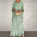 Women's Abstract Print Tiered Maxi Dress – Two Piece Batwing Sleeve Casual Set