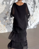 Women's Abstract Print Tiered Maxi Dress – Two Piece Batwing Sleeve Casual Set