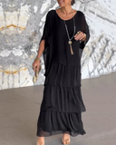 Women's Abstract Print Tiered Maxi Dress – Two Piece Batwing Sleeve Casual Set