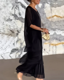 Women's Abstract Print Tiered Maxi Dress – Two Piece Batwing Sleeve Casual Set