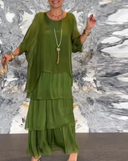 Women's Abstract Print Tiered Maxi Dress – Two Piece Batwing Sleeve Casual Set