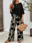 Women's Abstract Print Two-Piece Set – Asymmetric Top Wide Leg Pants Summer