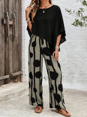 Women's Abstract Print Two-Piece Set – Asymmetric Top Wide Leg Pants Summer