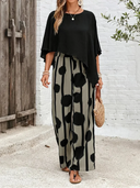 Women's Abstract Print Two-Piece Set – Asymmetric Top Wide Leg Pants Summer