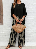 Women's Abstract Print Two-Piece Set – Asymmetric Top Wide Leg Pants Summer