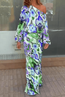 Women's Abstract Print Two Piece Set – One Shoulder Top Maxi Skirt Summer Outfit