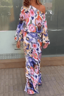 Women's Abstract Print Two Piece Set – One Shoulder Top Maxi Skirt Summer Outfit