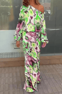 Women's Abstract Print Two Piece Set – One Shoulder Top Maxi Skirt Summer Outfit