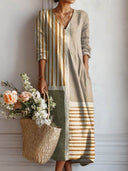 Women's Abstract Stripe Color Block Maxi Dress – V Neck Long Sleeve Casual Dress