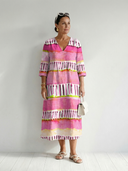 Women's Abstract Stripe Print Midi – V Neck 3/4 Sleeve Tiered A-Line Casual Summer Dress