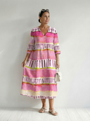 Women's Abstract Stripe Print Midi – V Neck 3/4 Sleeve Tiered A-Line Casual Summer Dress