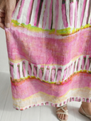 Women's Abstract Stripe Print Midi – V Neck 3/4 Sleeve Tiered A-Line Casual Summer Dress