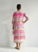 Women's Abstract Stripe Print Midi – V Neck 3/4 Sleeve Tiered A-Line Casual Summer Dress