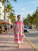 Women's Abstract Stripe Print Midi – V Neck 3/4 Sleeve Tiered A-Line Casual Summer Dress