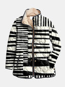 Women's Abstract Stripe Quilted Jacket – Stand Collar Snap Button Long Sleeve