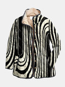 Women's Abstract Wavy Stripe Quilted Jacket – Stand Collar Snap Button Long Sleeve