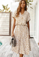 Women's Animal Print Midi Dress – V Neck Short Sleeve Drawstring Waist Casual