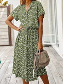 Women's Animal Print Midi Dress – V Neck Short Sleeve Drawstring Waist Casual