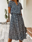 Women's Animal Print Midi Dress – V Neck Short Sleeve Drawstring Waist Casual