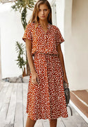 Women's Animal Print Midi Dress – V Neck Short Sleeve Drawstring Waist Casual