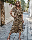Women's Animal Print Midi Dress – V Neck Short Sleeve Drawstring Waist Casual