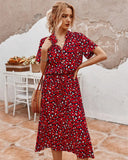 Women's Animal Print Midi Dress – V Neck Short Sleeve Drawstring Waist Casual
