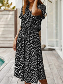 Women's Animal Print Midi Dress – V Neck Short Sleeve Drawstring Waist Casual