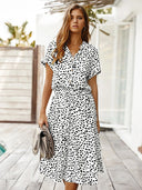 Women's Animal Print Midi Dress – V Neck Short Sleeve Drawstring Waist Casual