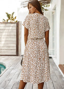 Women's Animal Print Midi Dress – V Neck Short Sleeve Drawstring Waist Casual