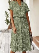 Women's Animal Print Midi Dress – V Neck Short Sleeve Drawstring Waist Casual