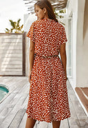 Women's Animal Print Midi Dress – V Neck Short Sleeve Drawstring Waist Casual