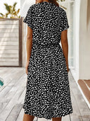 Women's Animal Print Midi Dress – V Neck Short Sleeve Drawstring Waist Casual