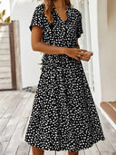 Women's Animal Print Midi Dress – V Neck Short Sleeve Drawstring Waist Casual