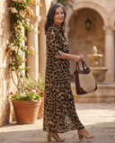 Women's Animal Print Shirt Dress – Collared Roll Sleeve Button Front A-Line Knee Length