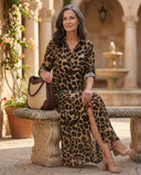 Women's Animal Print Shirt Dress – Collared Roll Sleeve Button Front A-Line Knee Length